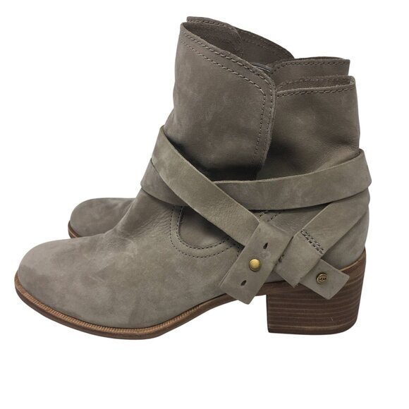 UGG Elora Taupe Suede Ankle Boots Womens 9.5 Wrap Strap Block Heel Western Style - Picture 7 of 16